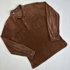 Vtg 60s Campus Terry Cloth Polo Shirt Long Sleeve Men Large Brown Pocket Preppy